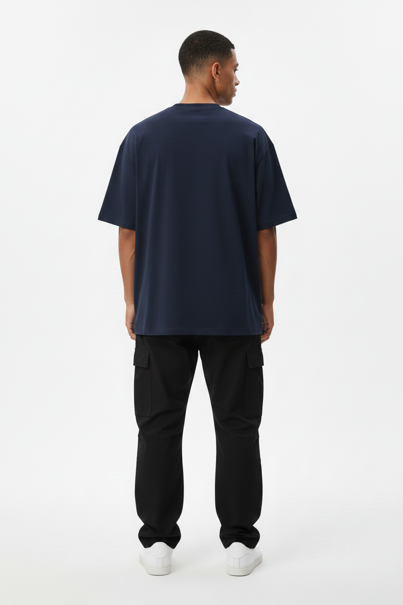 Navy Blue Essential Cotton Tee – Back View on Model- TheTwoZero