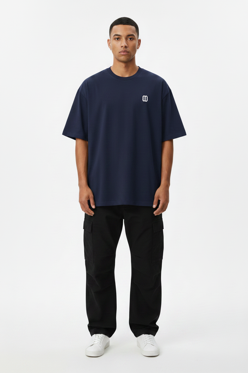 Navy Blue Essential Cotton Tee – Front View Model - TheTwoZero