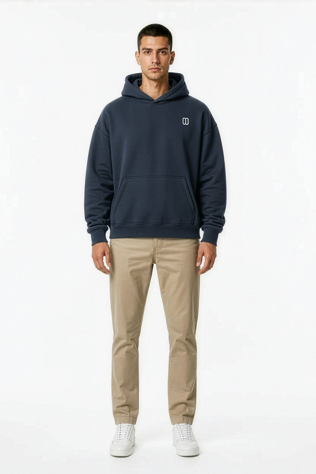 Navy Blue Essential Oversized Boxy Fleece Hoodie – Front on Model | TheTwoZero