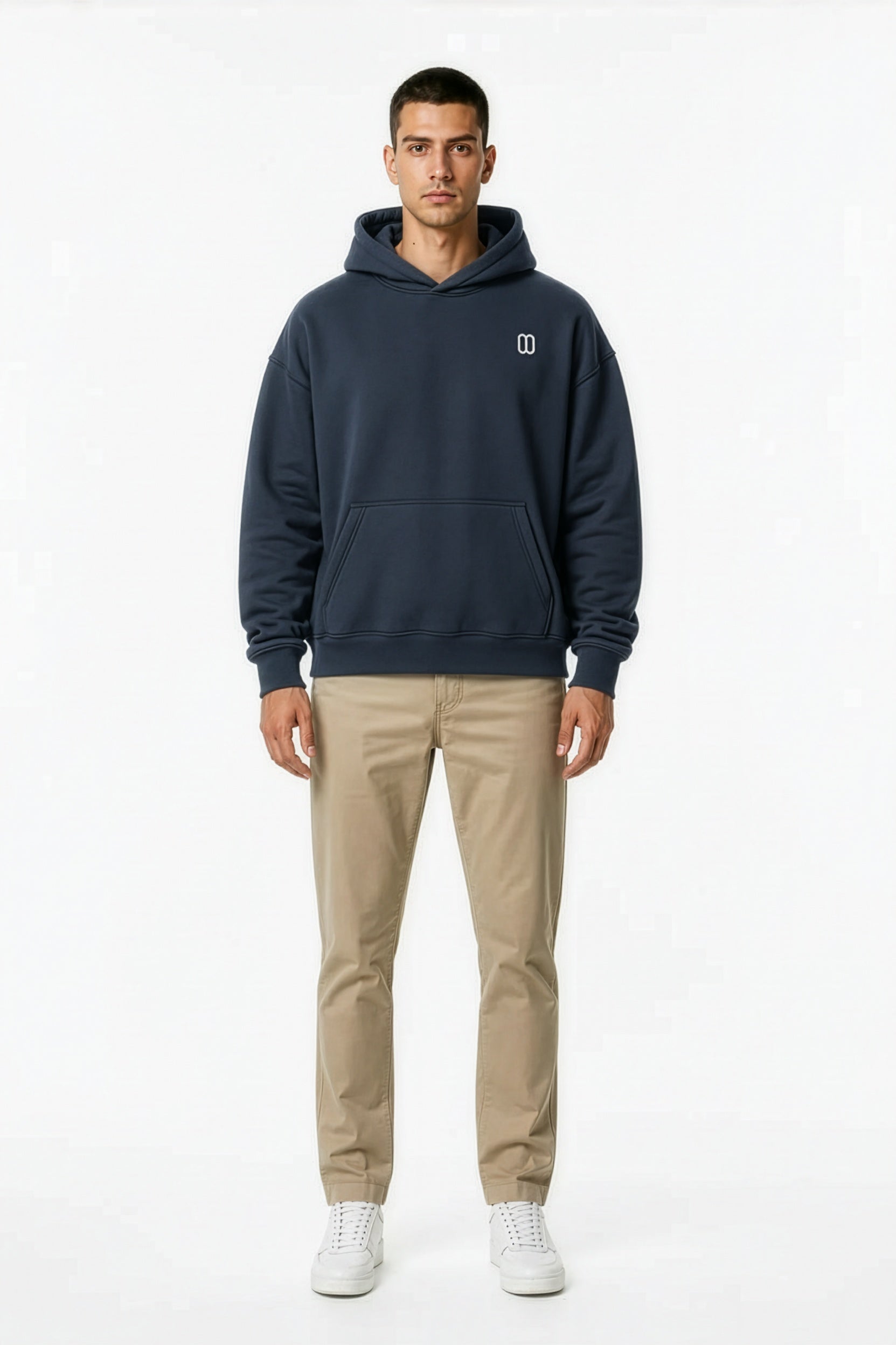Navy Blue Essential Oversized Boxy Fleece Hoodie – Front on Model | TheTwoZero