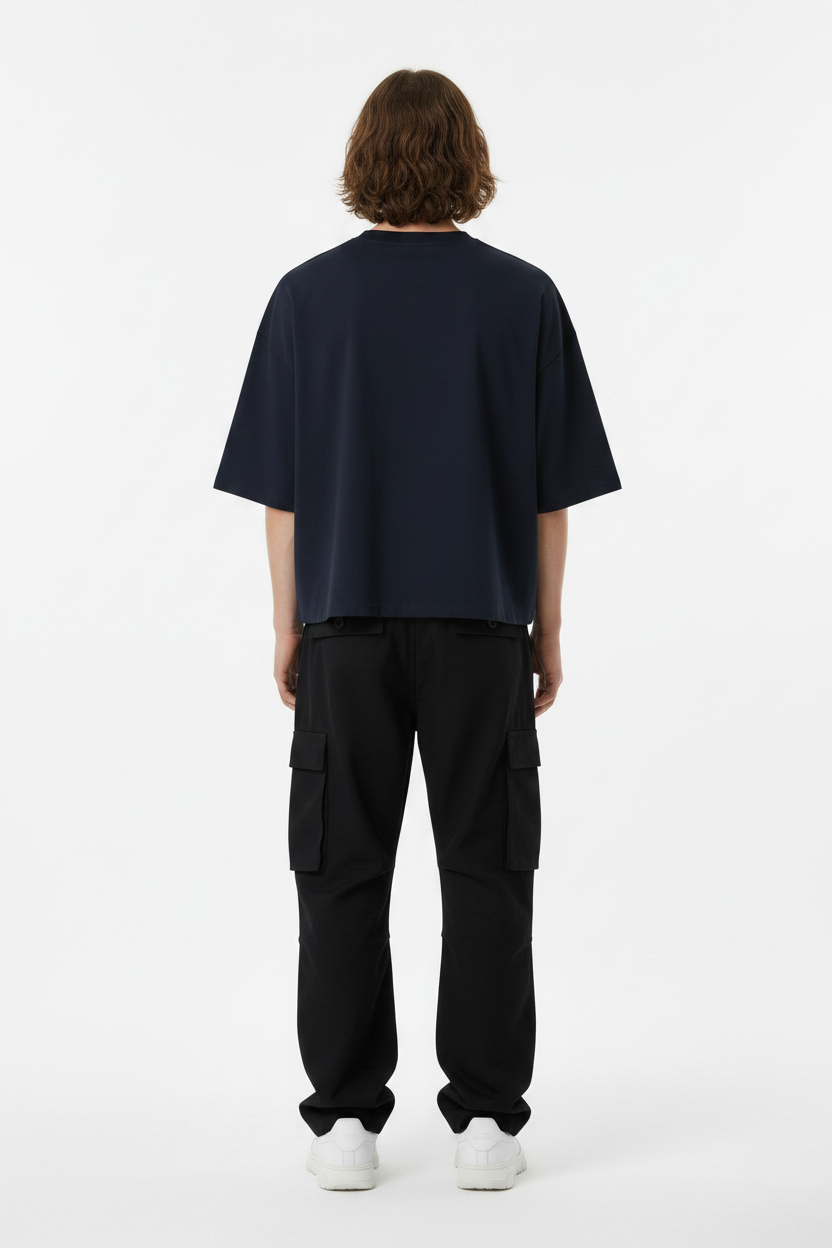 Navy Boxy Tee – Back View on Model-TheTwoZero