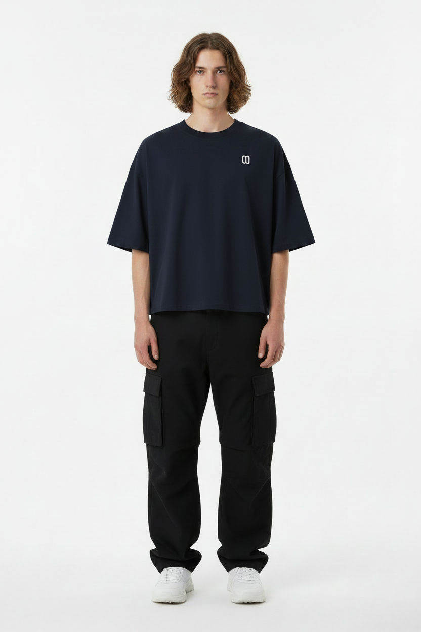 Navy Boxy Tee – On Model Studio Shot-TheTwoZero