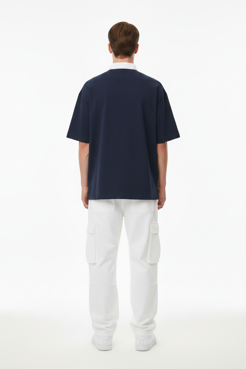 Navy Blue Essential Contrast Polo Tee – Back View | TheTwoZero