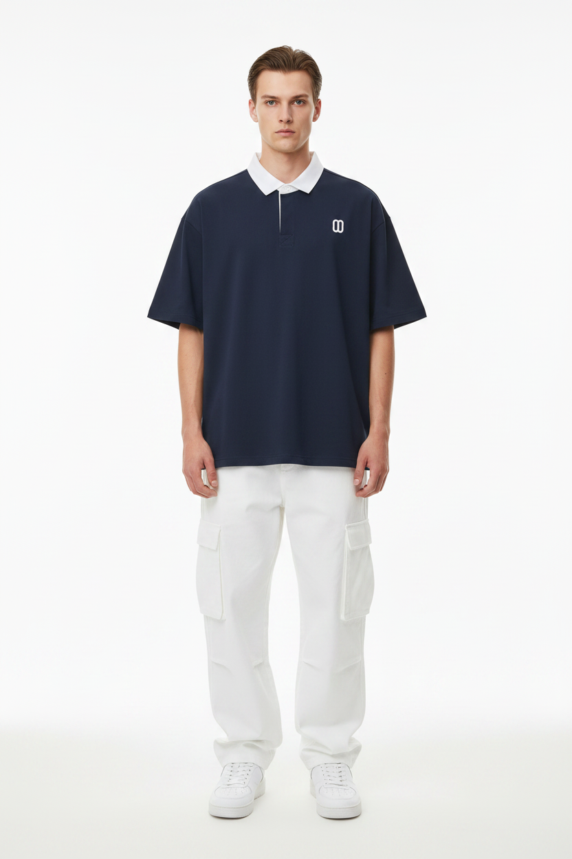 Navy Blue Essential Contrast Polo Tee – Front View | TheTwoZero