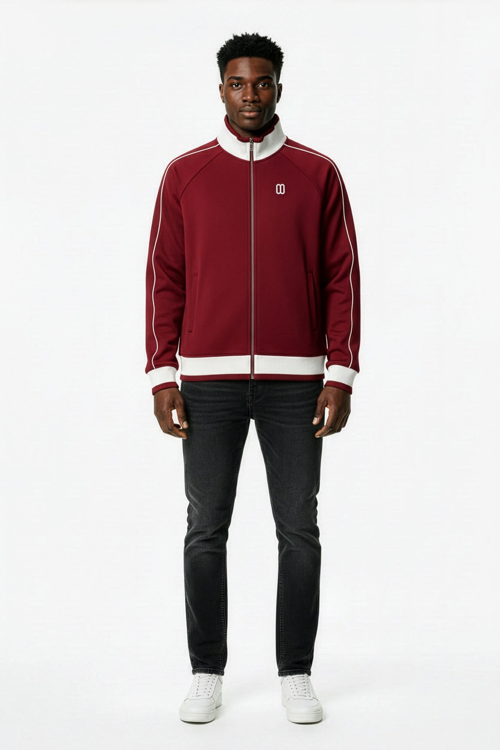 Red Color Block Raglan Zip Track Jacket – Front on Model | TheTwoZero