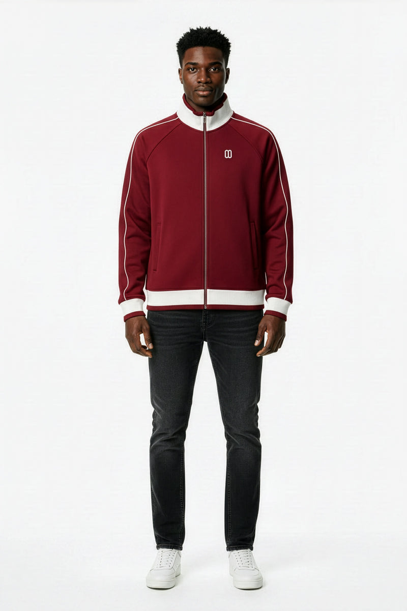Red Color Block Raglan Zip Track Jacket – Front on Model | TheTwoZero