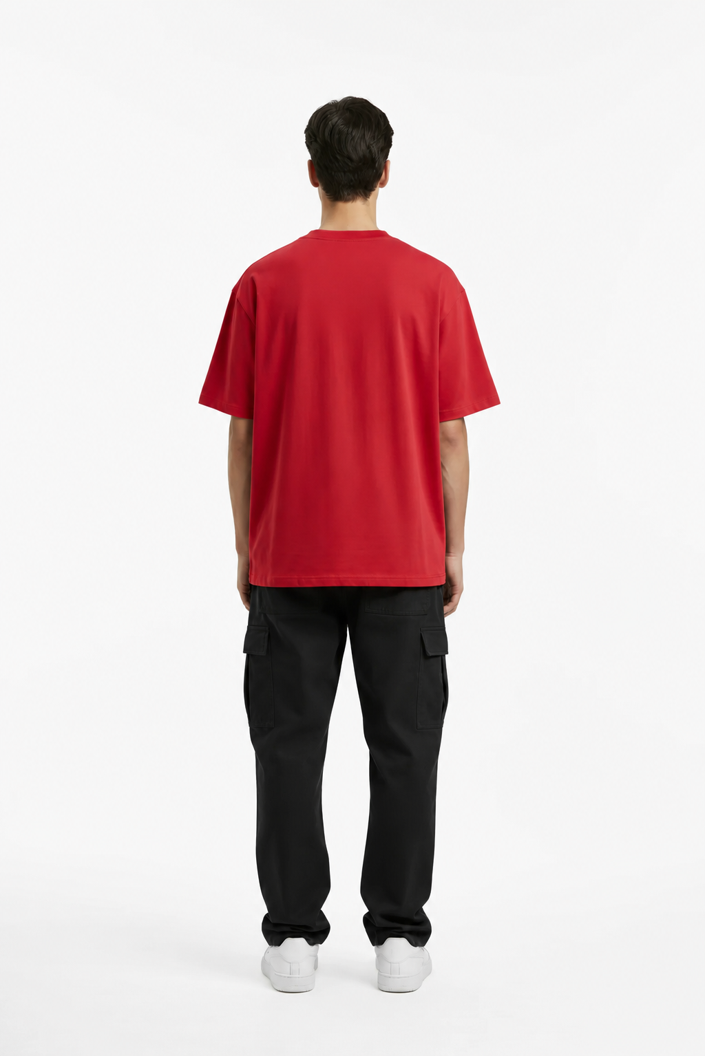 Red Unisex Seamless Cotton Tee – Back on Model | TheTwoZero