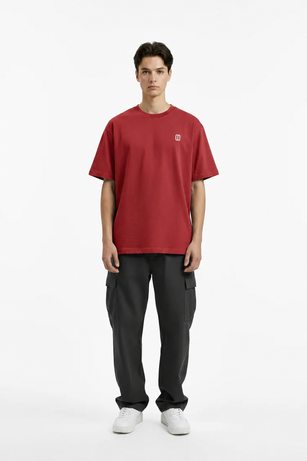 Red Unisex Seamless Cotton Tee – Front on Model | TheTwoZero