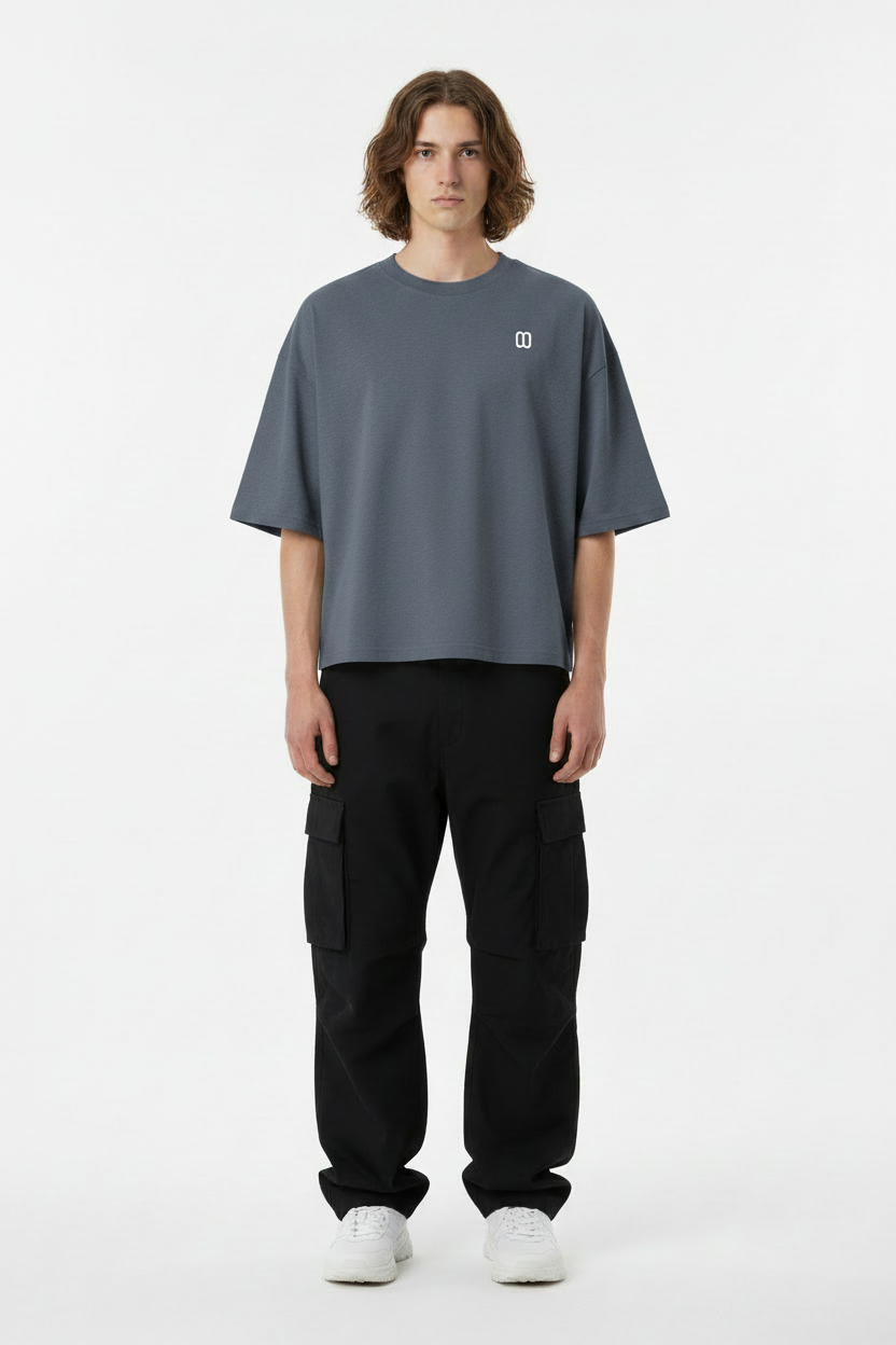 Slate Blue Boxy Tee – Front on Model- TheTwoZero